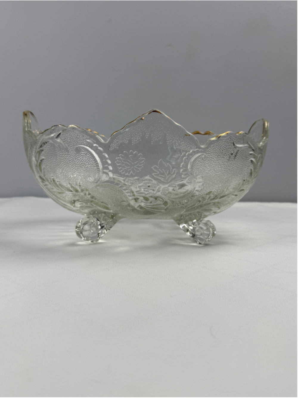 Vtg Jeannette Lombardi Pattern Clear Glass Serveware Fruit Bowl 22k Gold Trim